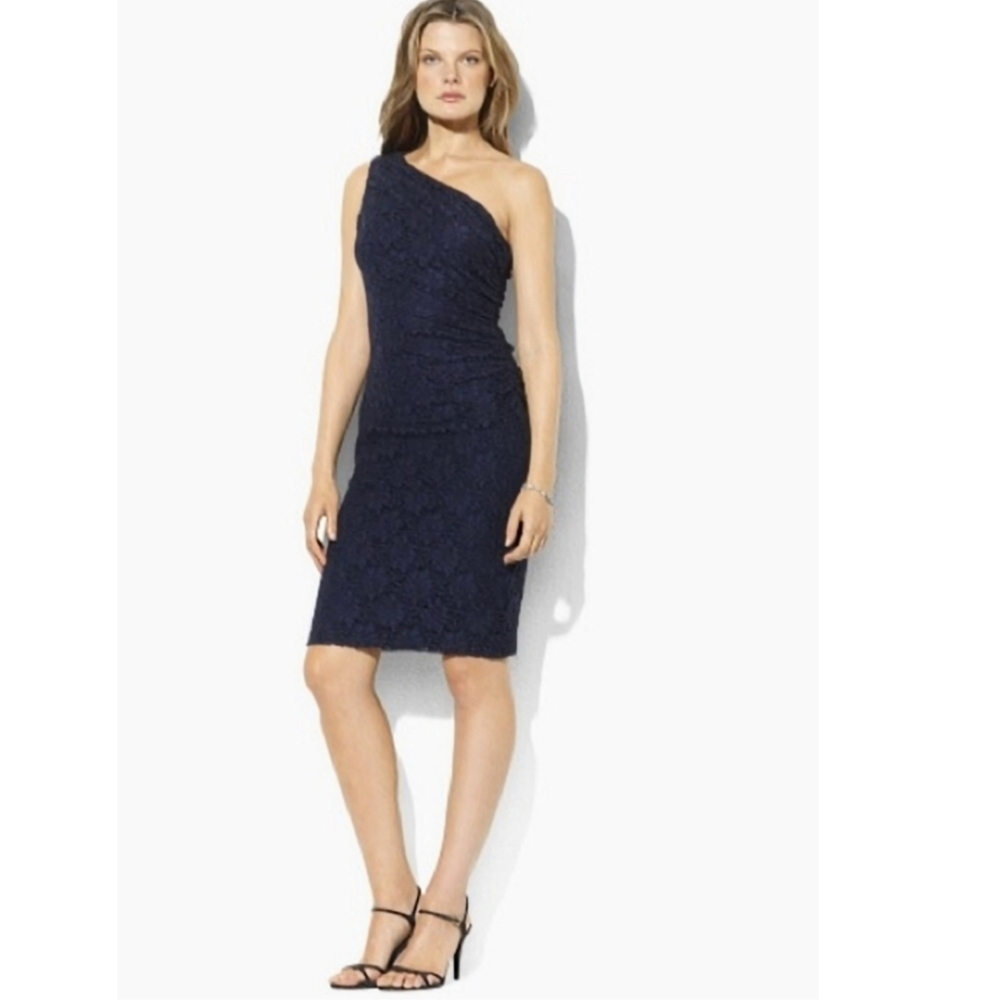 Lauren Ralph Lauren Lace One Shoulder  Cocktail Dress Black Ruched Side Size 12